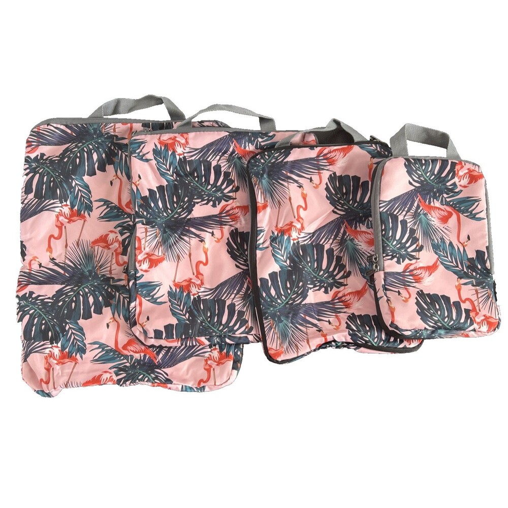 BAGAIL 4 Pc Packing Cubes Set Tropical Flamingo Palm Leaf Pink Travel Organizers
